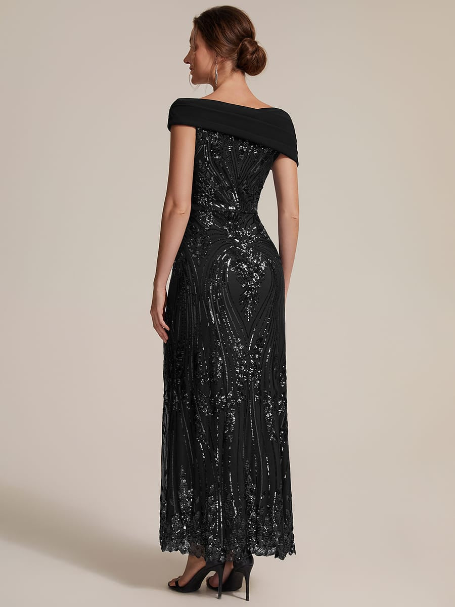 Sequin Off-the-shoulder Sleeve Bodycon Dress #color_Black