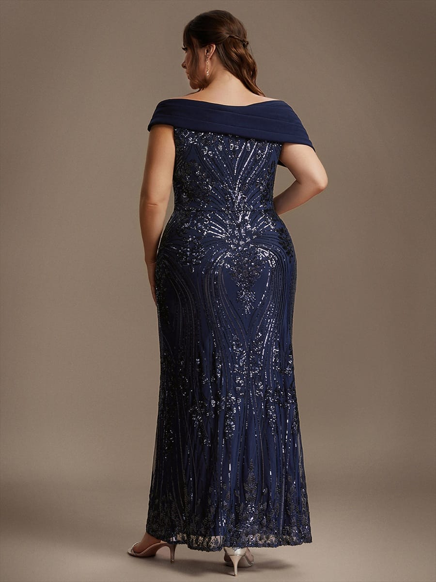 Sequin Off-the-shoulder Sleeve Bodycon Dress #color_Navy Blue