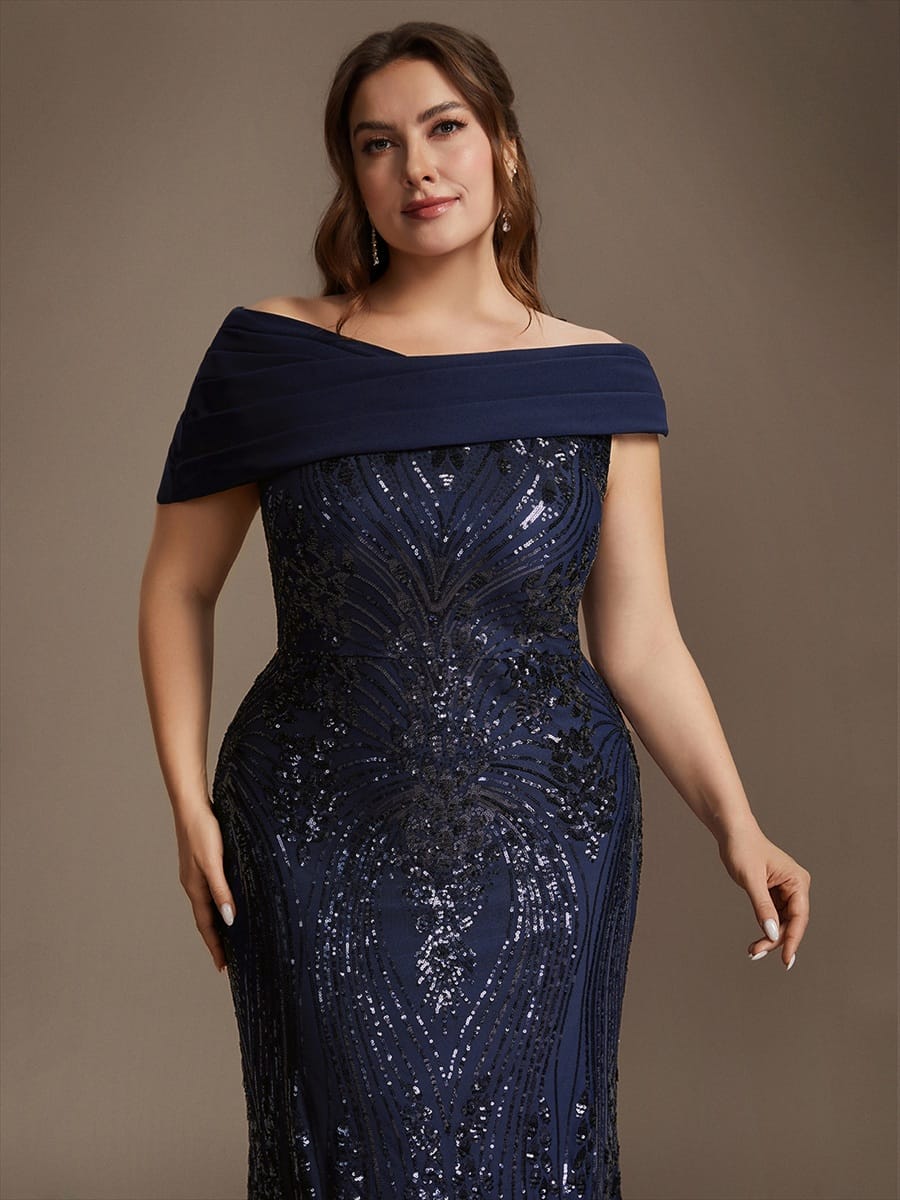 Sequin Off-the-shoulder Sleeve Bodycon Dress #color_Navy Blue