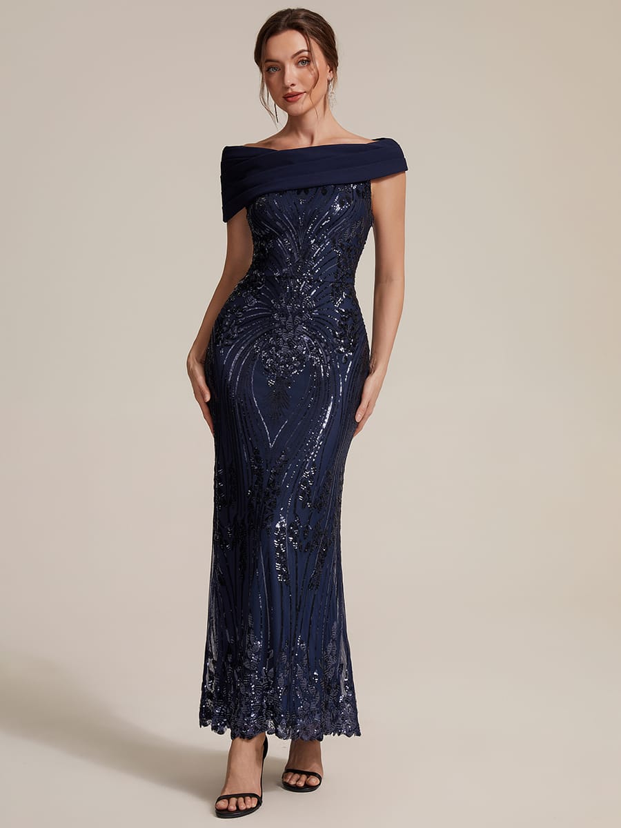 Sequin Off-the-shoulder Sleeve Bodycon Dress #color_Navy Blue