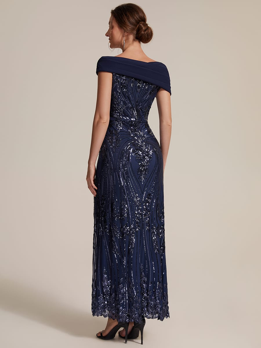 Sequin Off-the-shoulder Sleeve Bodycon Dress #color_Navy Blue