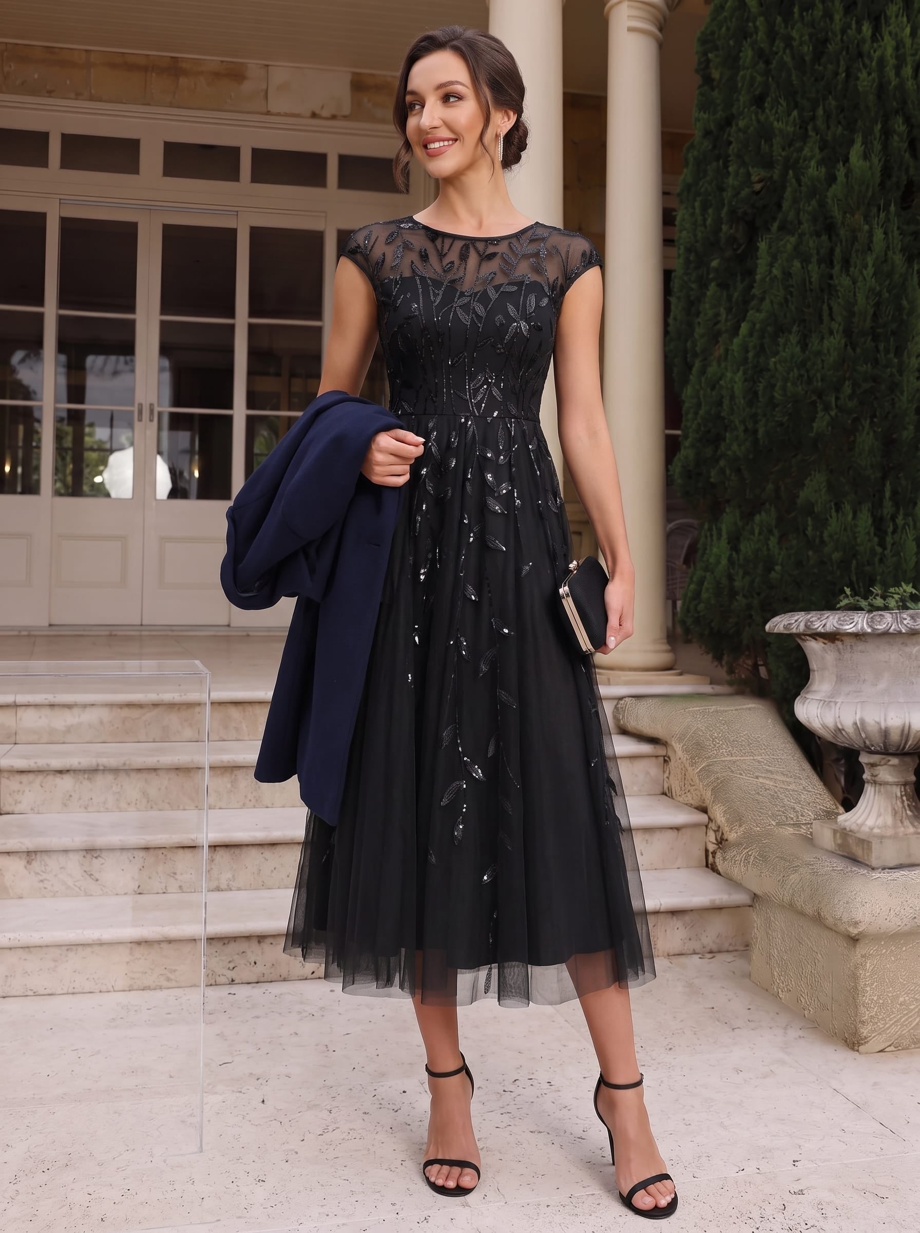 See-through Sequin Cap Sleeve Dress #color_Black