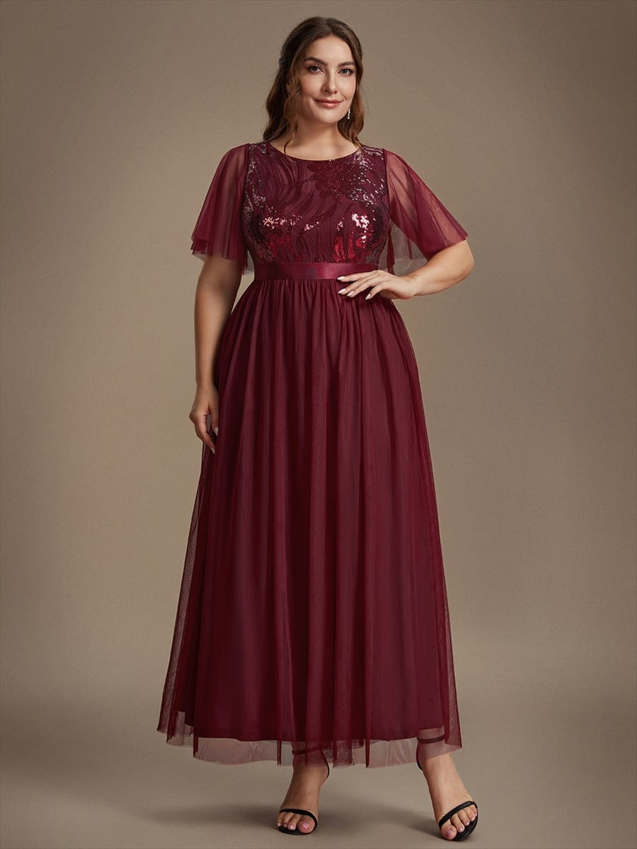 Sequin Tulle Ruffle Sleeve Dress #color_Burgundy