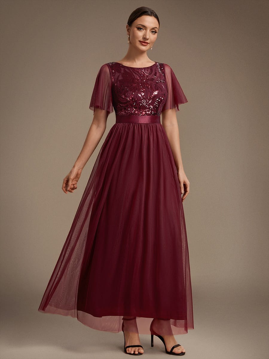 Sequin Tulle Ruffle Sleeve Dress #color_Burgundy
