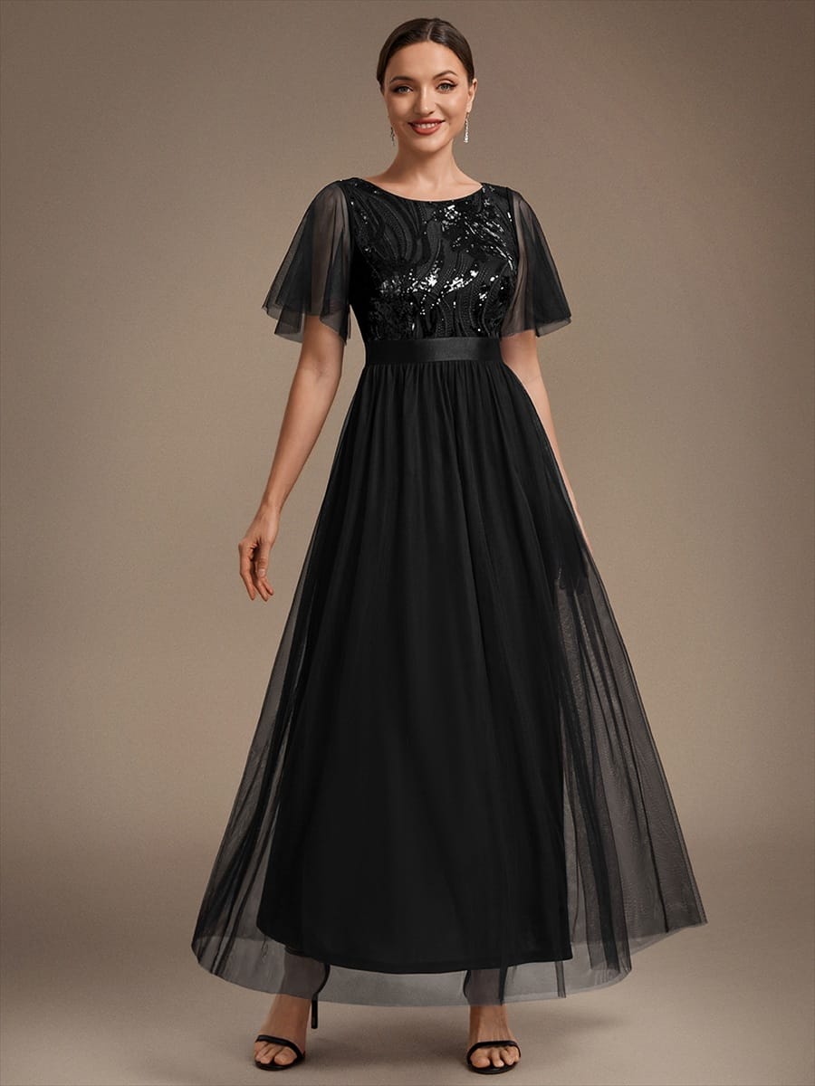 Sequin Tulle Ruffle Sleeve Dress #color_Black