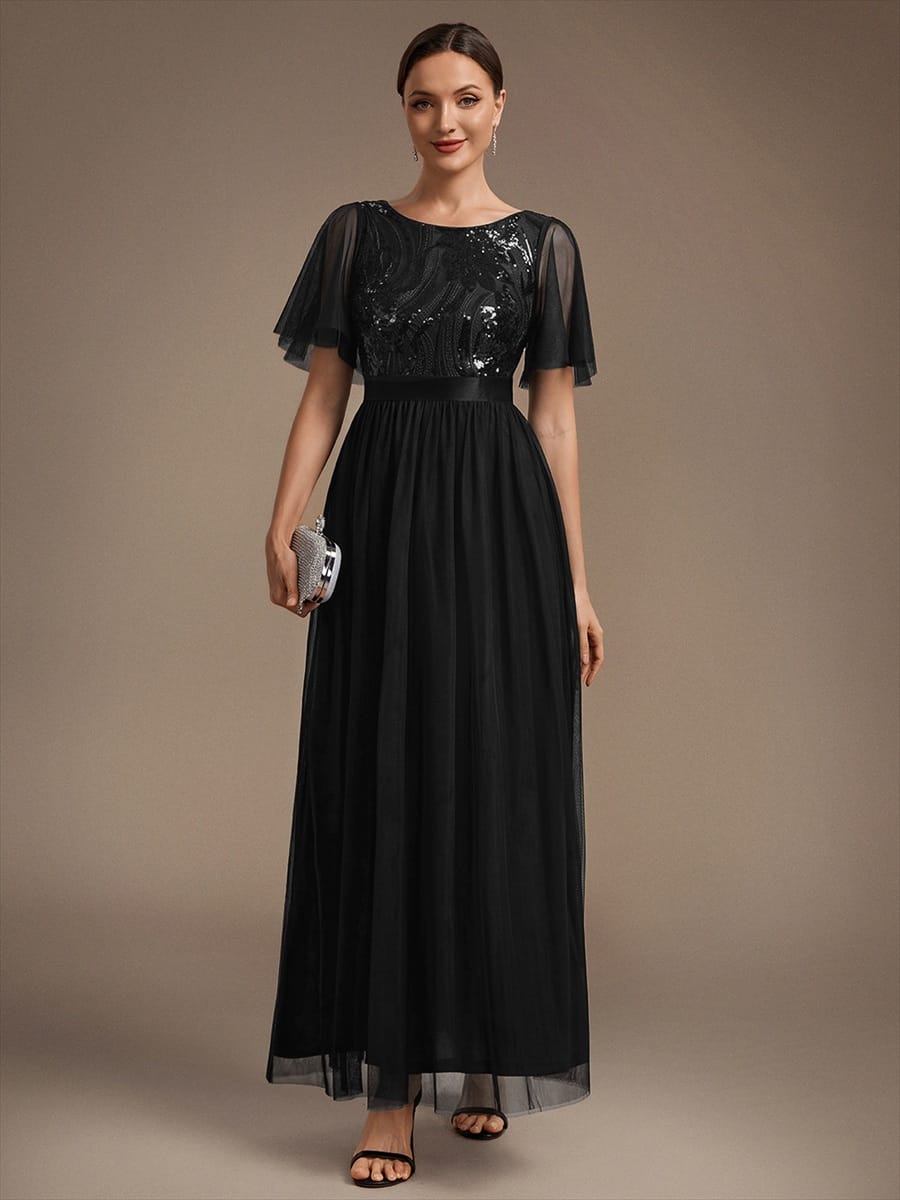 Sequin Tulle Ruffle Sleeve Dress #color_Black