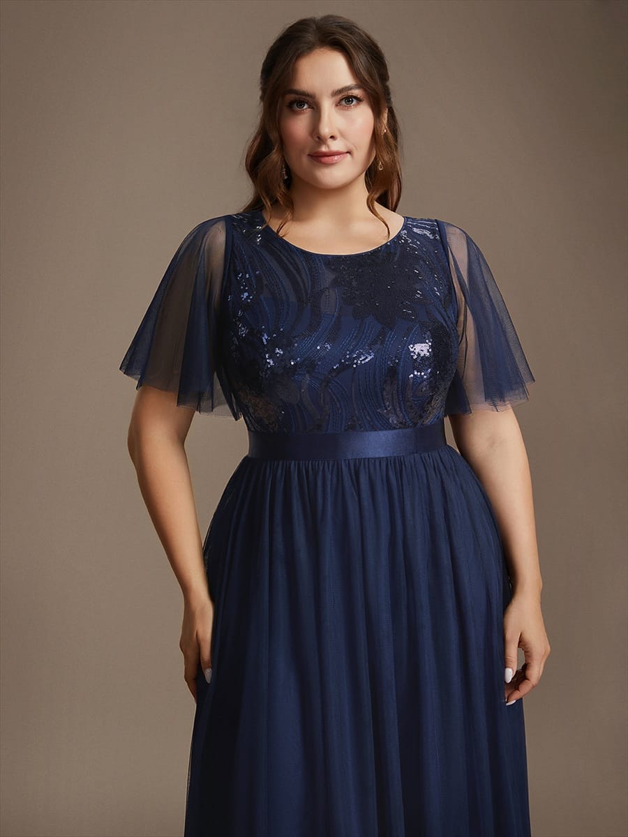 Sequin Tulle Ruffle Sleeve Dress #color_Navy Blue
