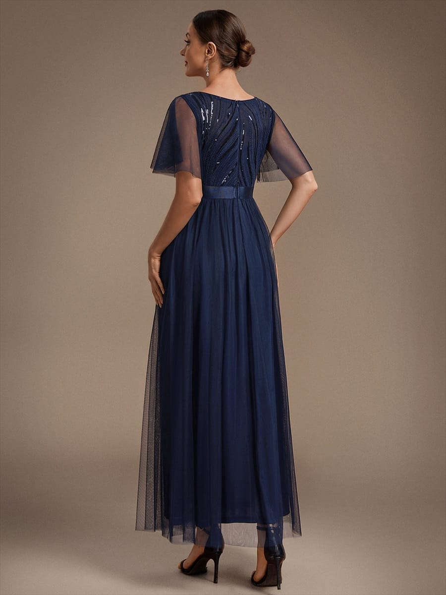 Sequin Tulle Ruffle Sleeve Dress #color_Navy Blue