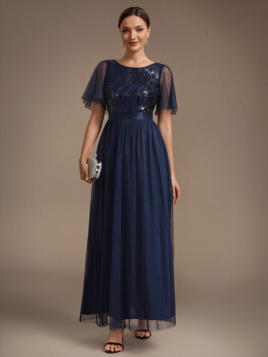 Sequin Tulle Ruffle Sleeve Dress #color_Navy Blue