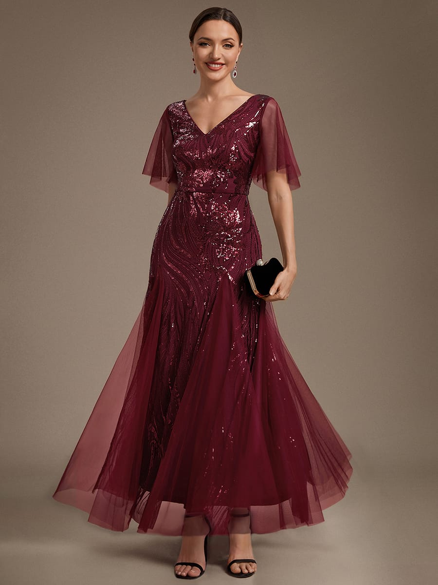 Sequin Ruffle Sleeve A-line Dress #color_Burgundy
