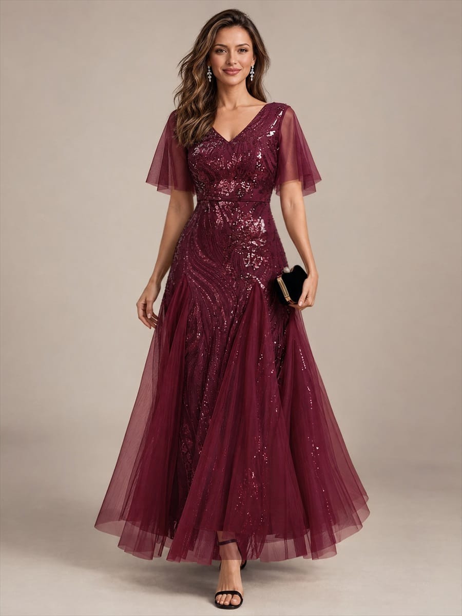 Sequin Ruffle Sleeve A-line Dress #color_Burgundy