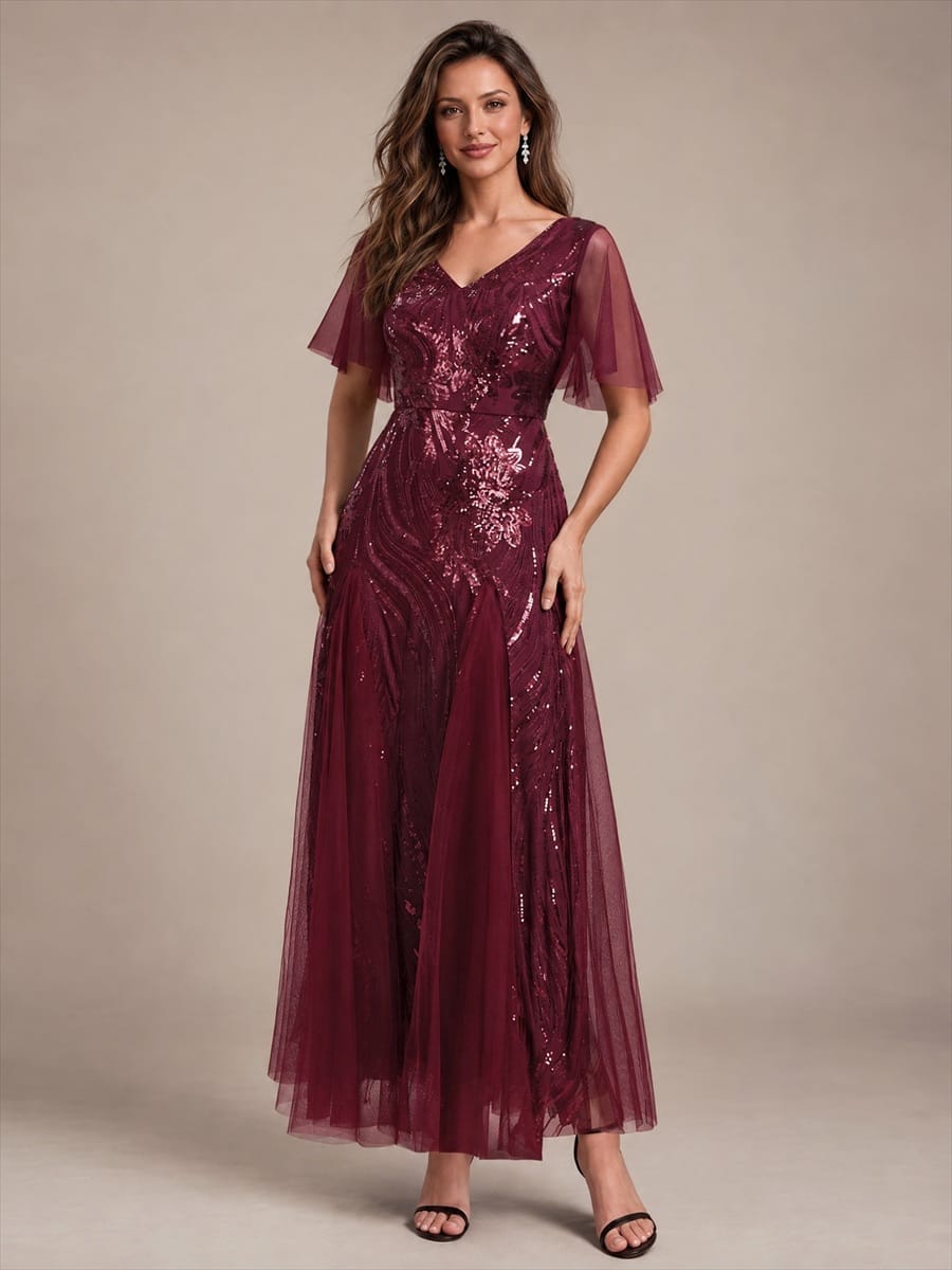 Sequin Ruffle Sleeve A-line Dress #color_Burgundy