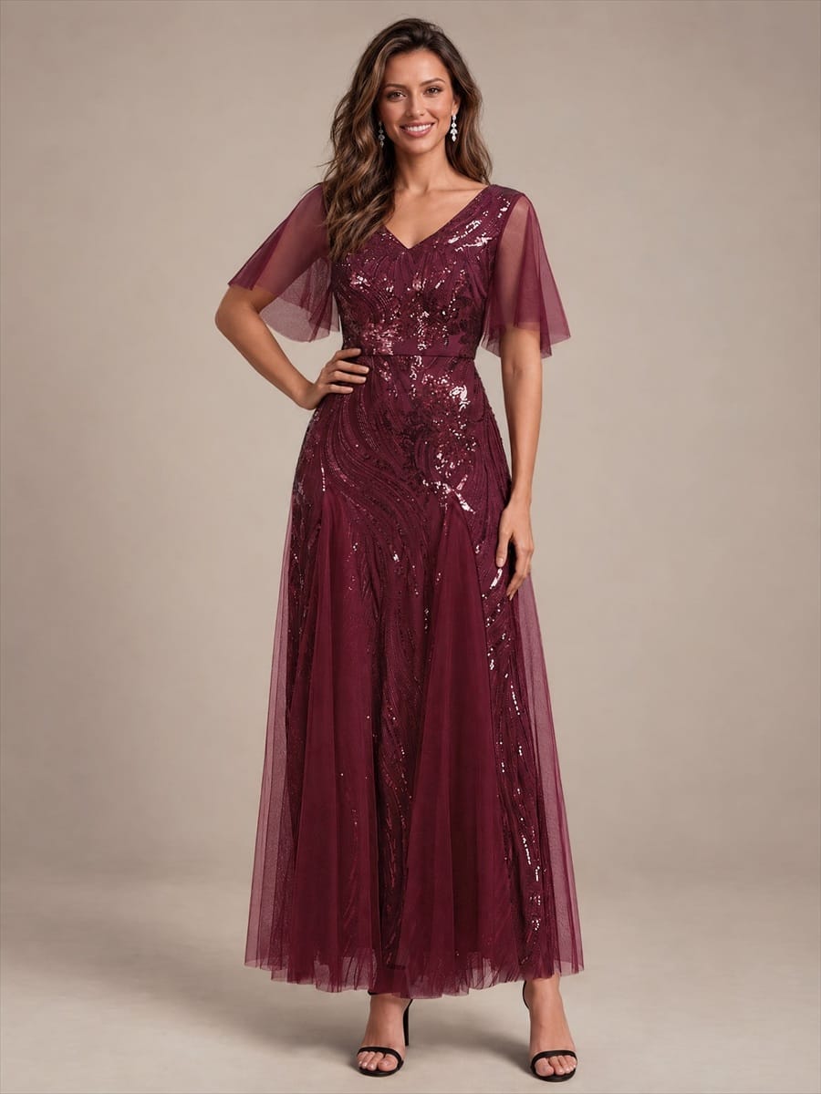 Sequin Ruffle Sleeve A-line Dress #color_Burgundy
