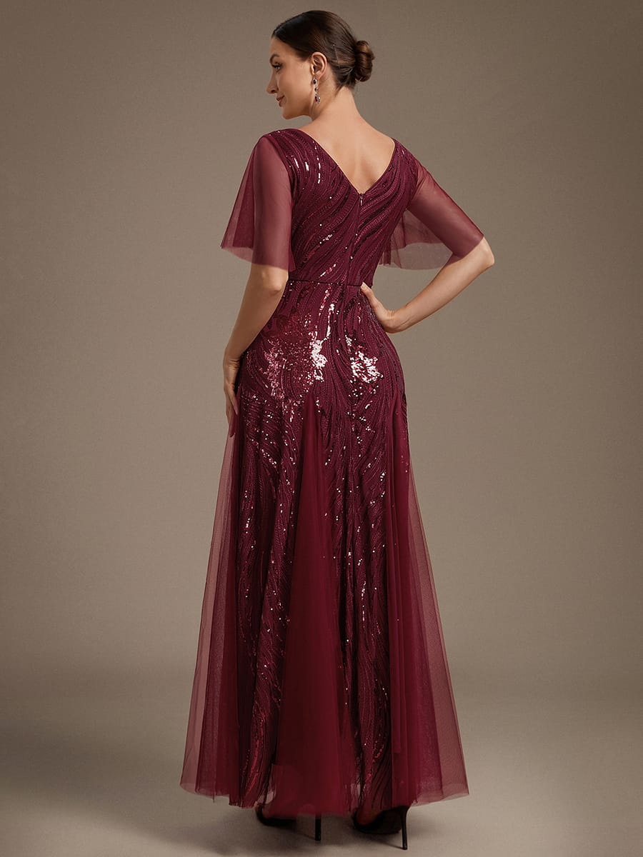 Sequin Ruffle Sleeve A-line Dress #color_Burgundy