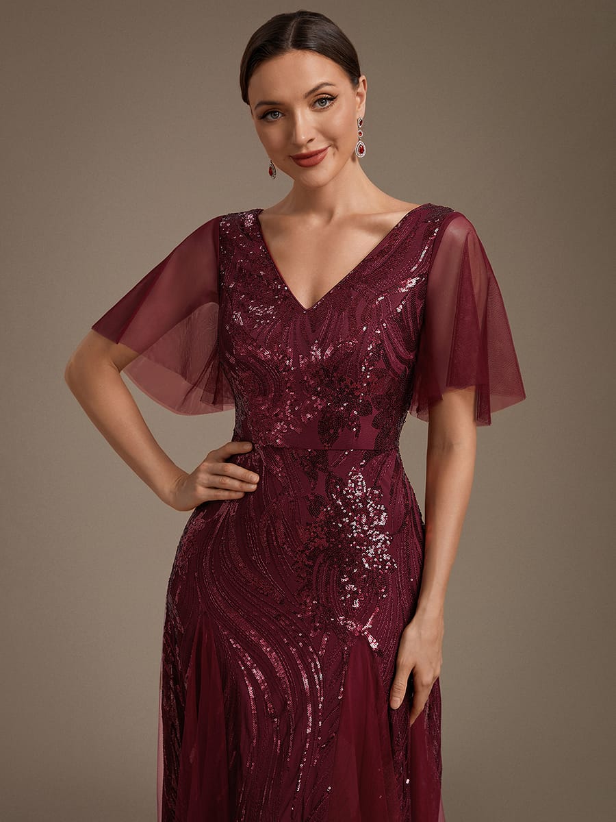 Sequin Ruffle Sleeve A-line Dress #color_Burgundy