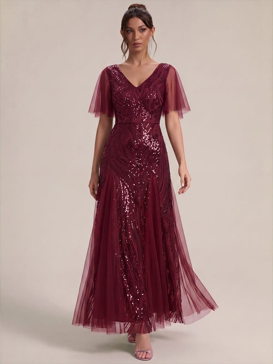 Sequin Ruffle Sleeve A-line Dress #color_Burgundy