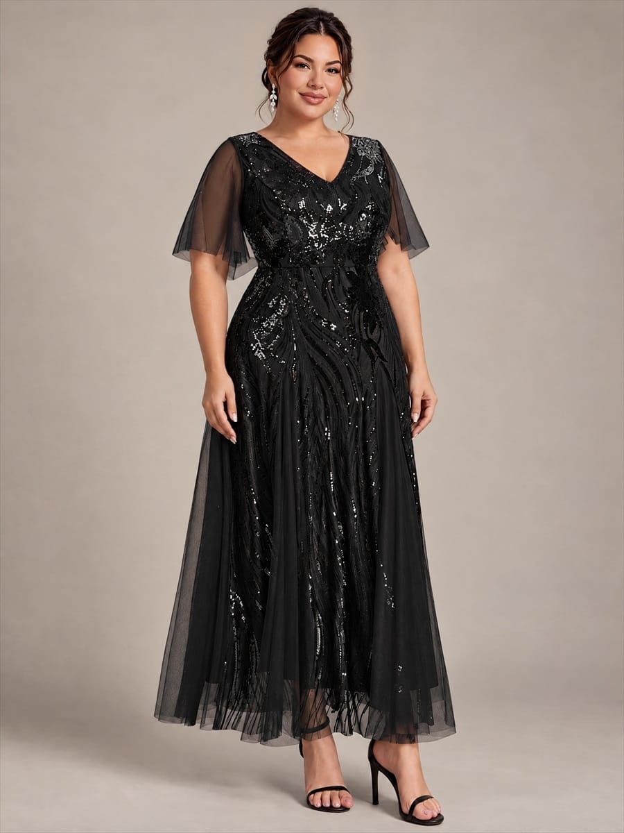 Sequin Ruffle Sleeve A-line Dress #color_Black