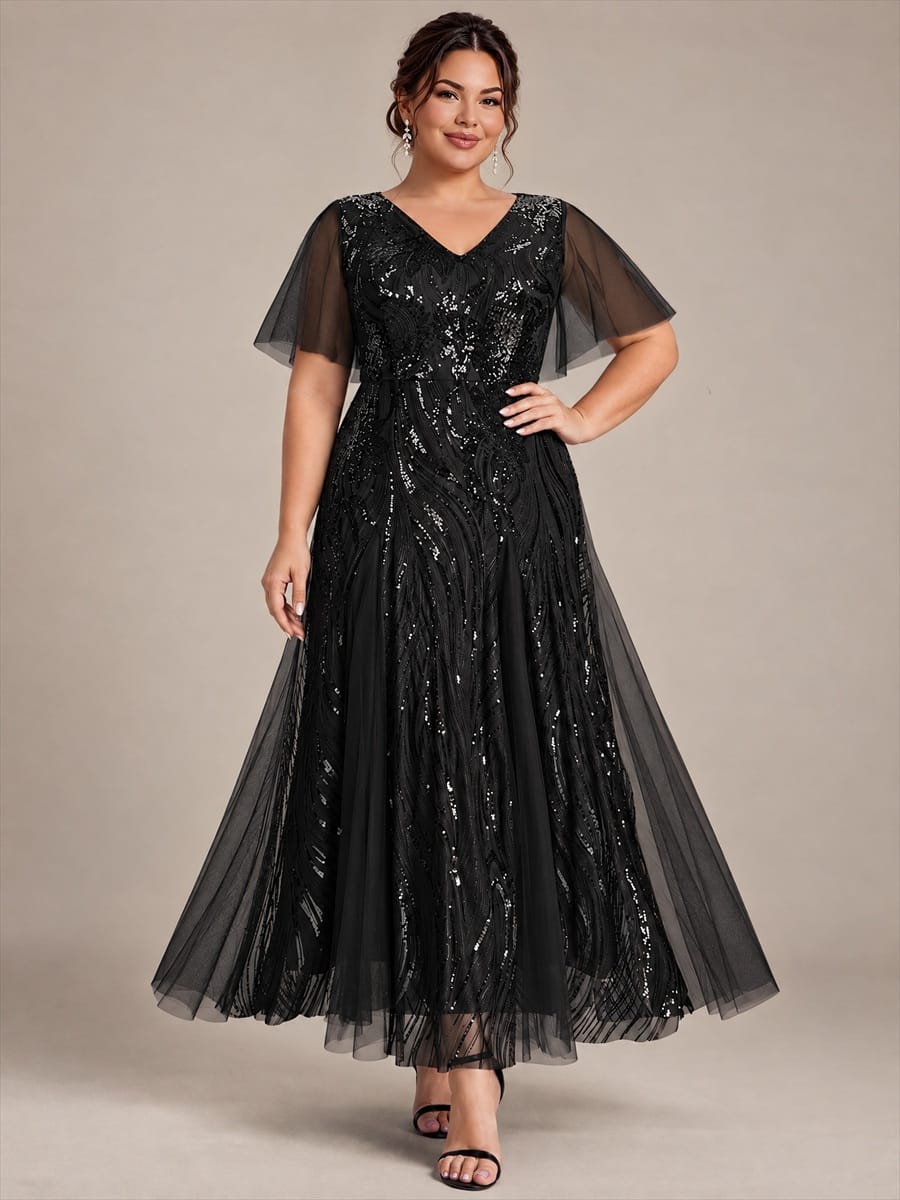 Sequin Ruffle Sleeve A-line Dress #color_Black