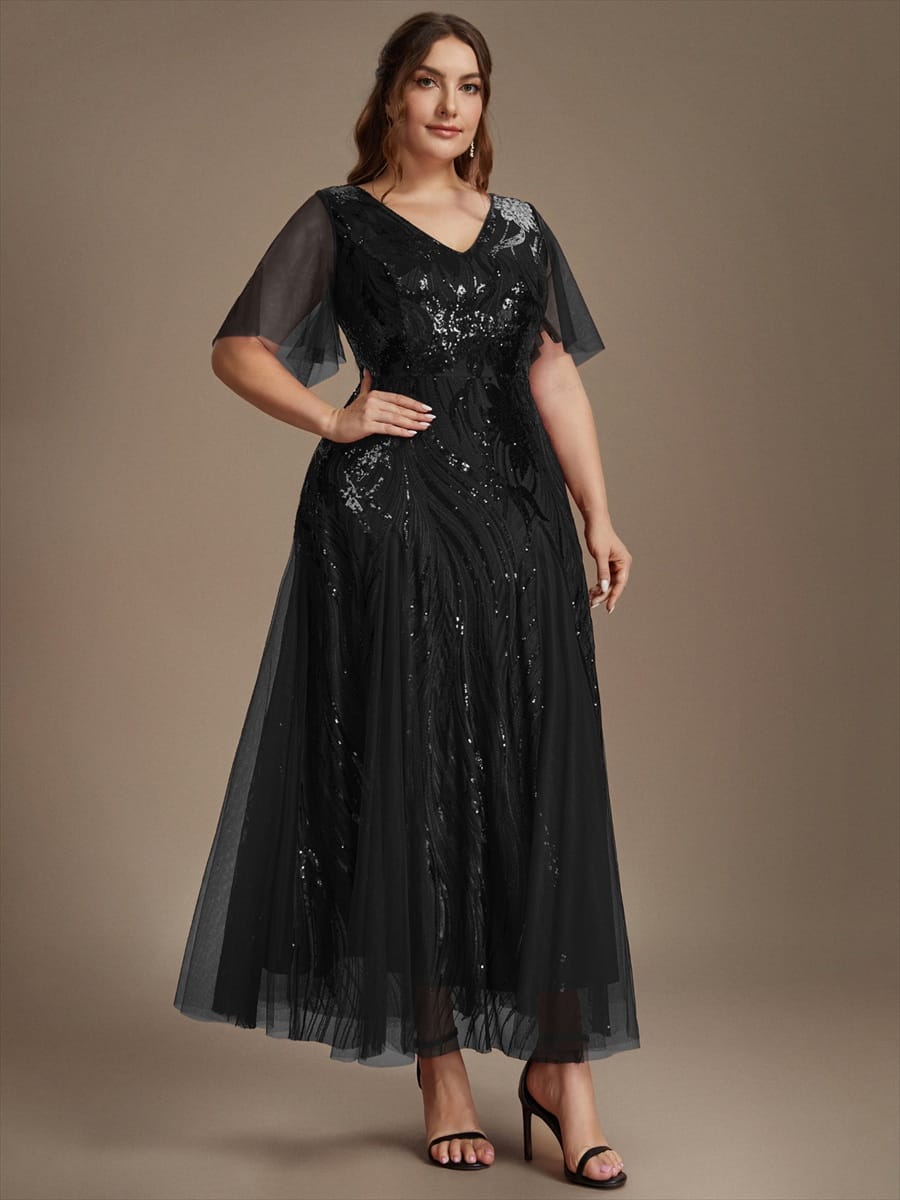 Sequin Ruffle Sleeve A-line Dress #color_Black