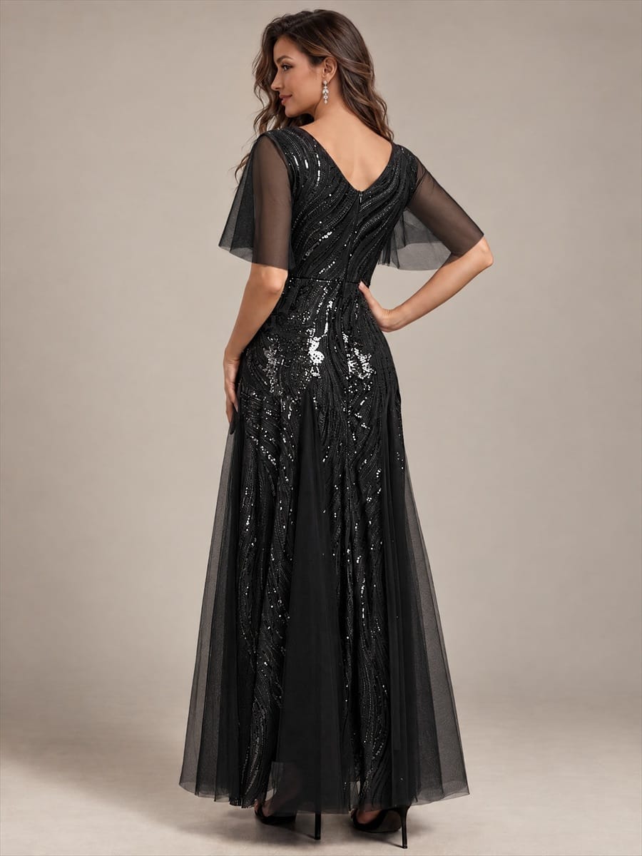 Sequin Ruffle Sleeve A-line Dress #color_Black