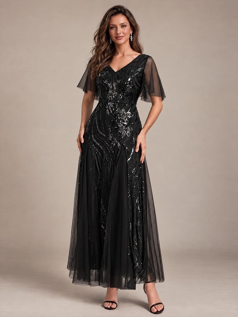 Sequin Ruffle Sleeve A-line Dress #color_Black