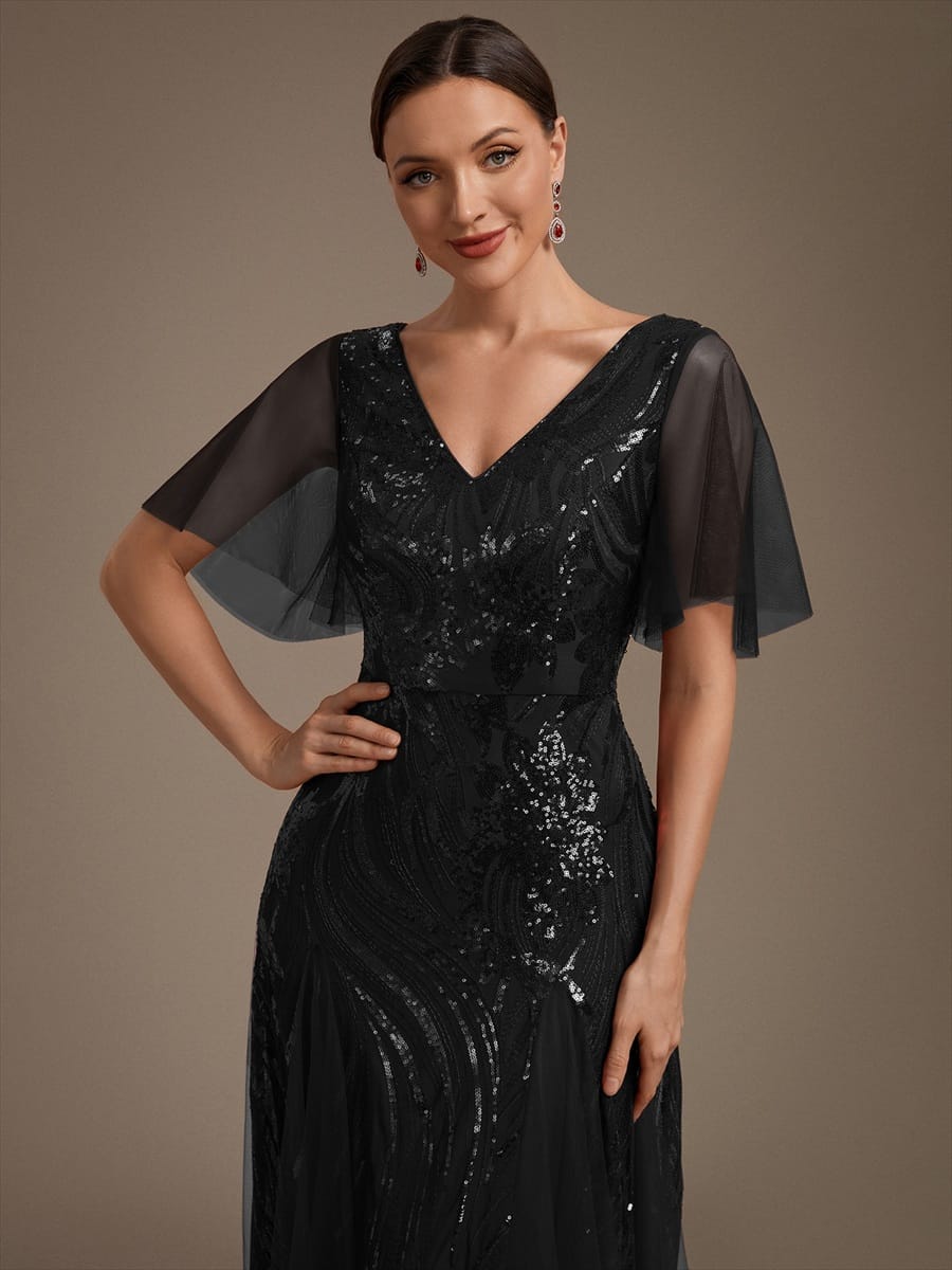 Sequin Ruffle Sleeve A-line Dress #color_Black