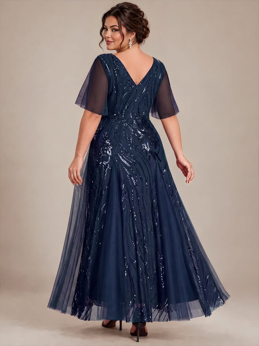 Sequin Ruffle Sleeve A-line Dress #color_Navy Blue