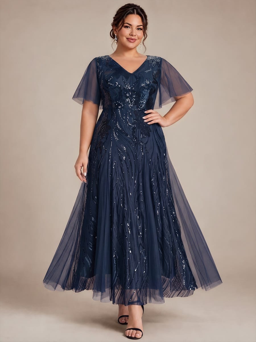 Sequin Ruffle Sleeve A-line Dress #color_Navy Blue