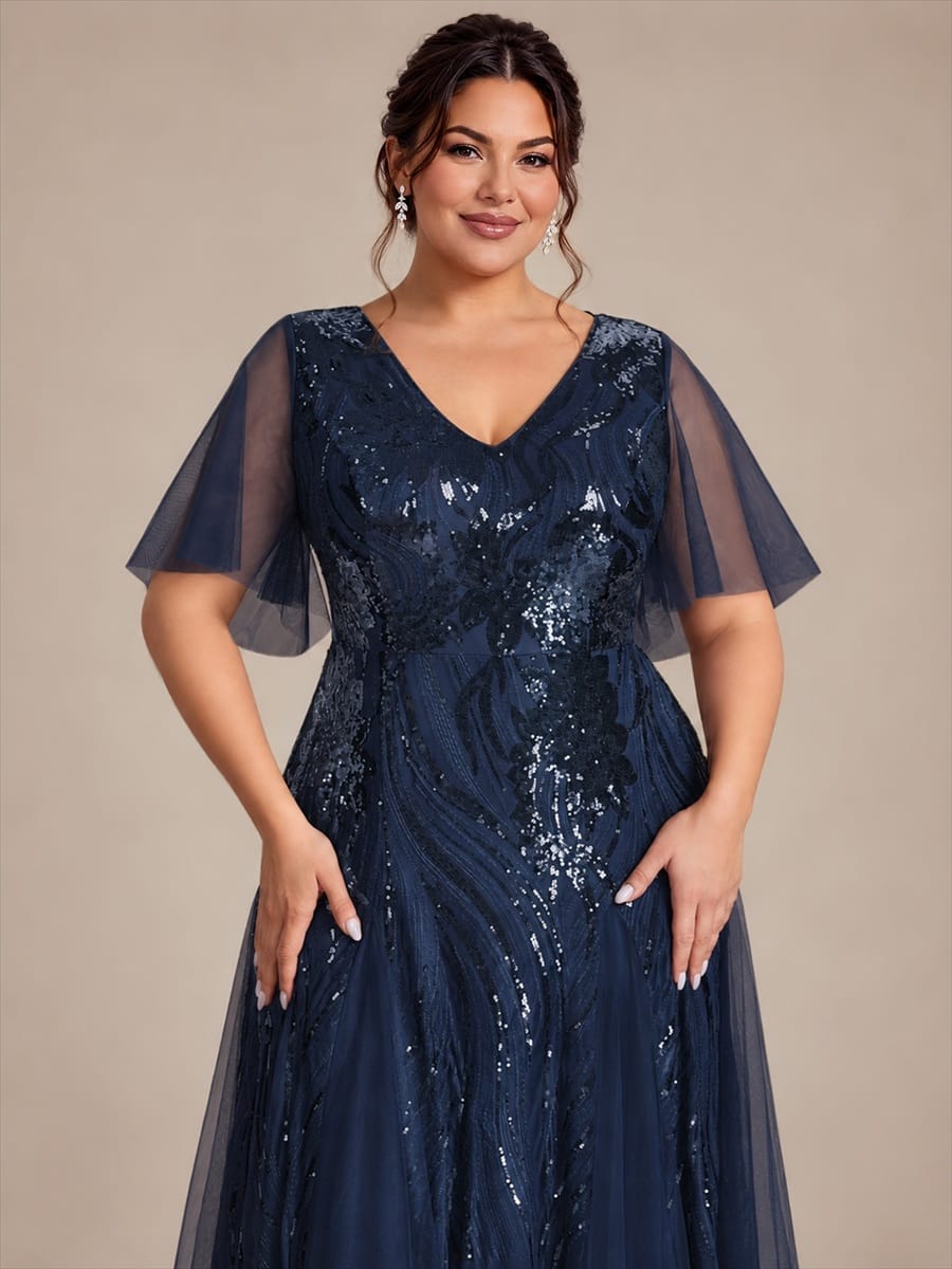Sequin Ruffle Sleeve A-line Dress #color_Navy Blue