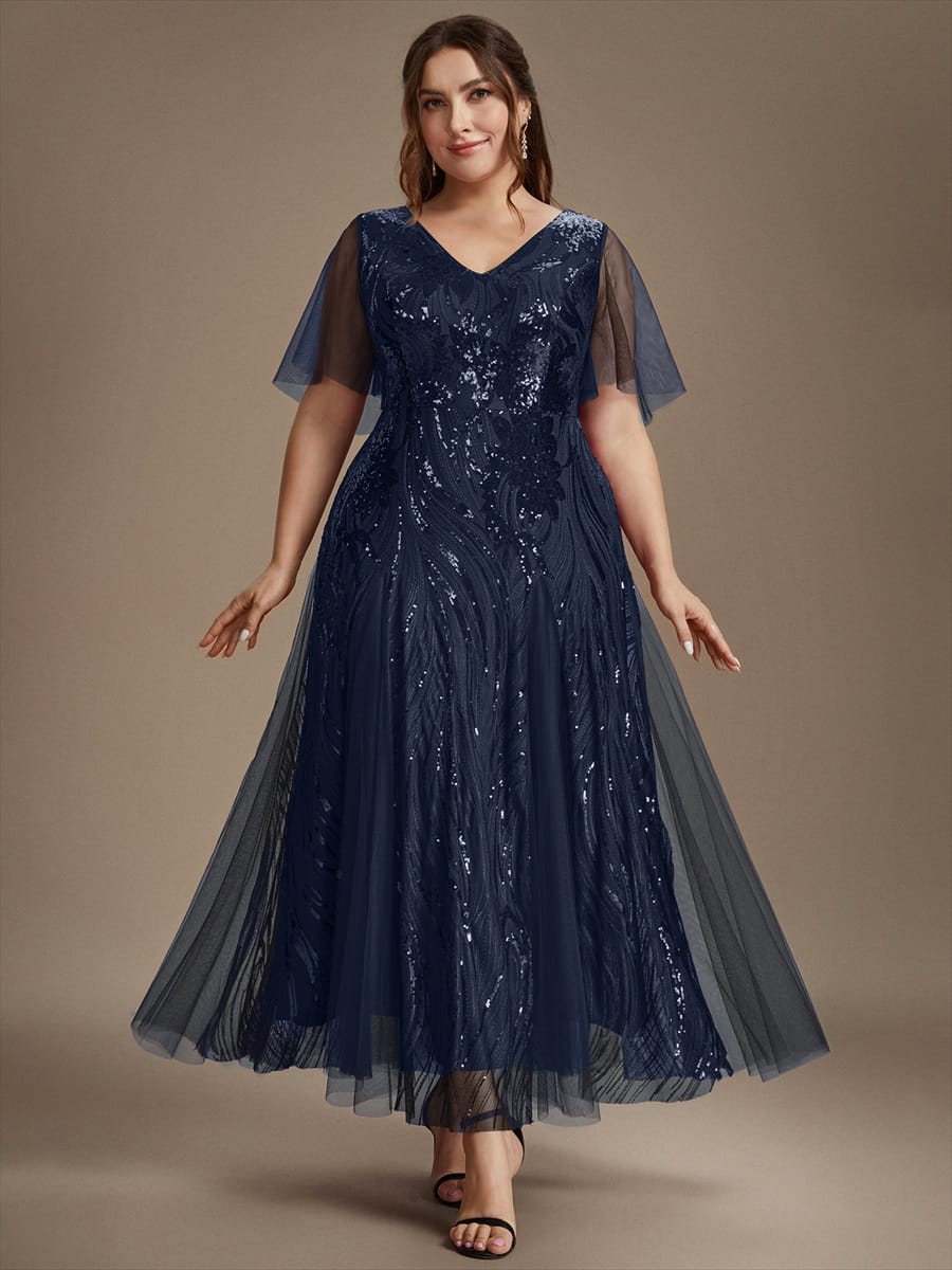Sequin Ruffle Sleeve A-line Dress #color_Navy Blue
