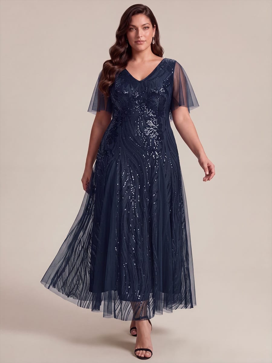 Sequin Ruffle Sleeve A-line Dress #color_Navy Blue