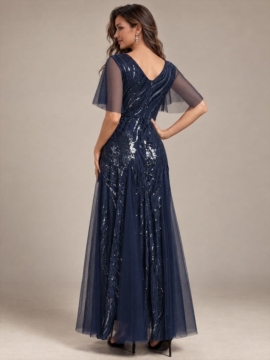 Sequin Ruffle Sleeve A-line Dress #color_Navy Blue