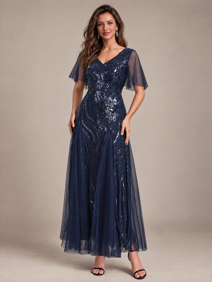 Sequin Ruffle Sleeve A-line Dress #color_Navy Blue