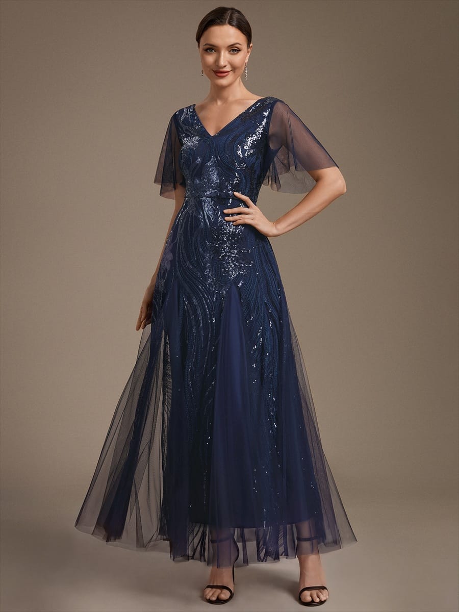 Sequin Ruffle Sleeve A-line Dress #color_Navy Blue