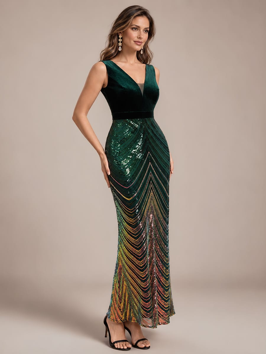 Sequin Sleeveless Mermaid Dress #color_Dark Green