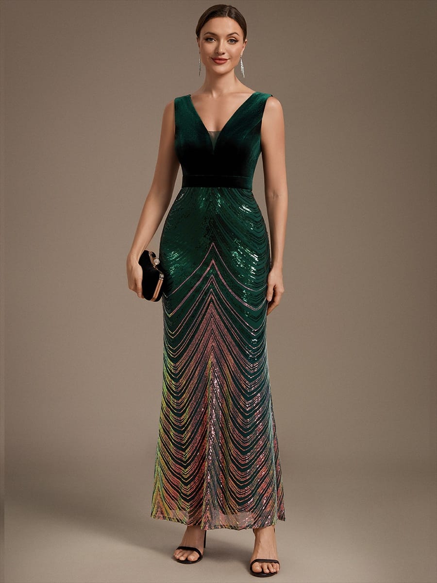 Sequin Sleeveless Mermaid Dress #color_Dark Green