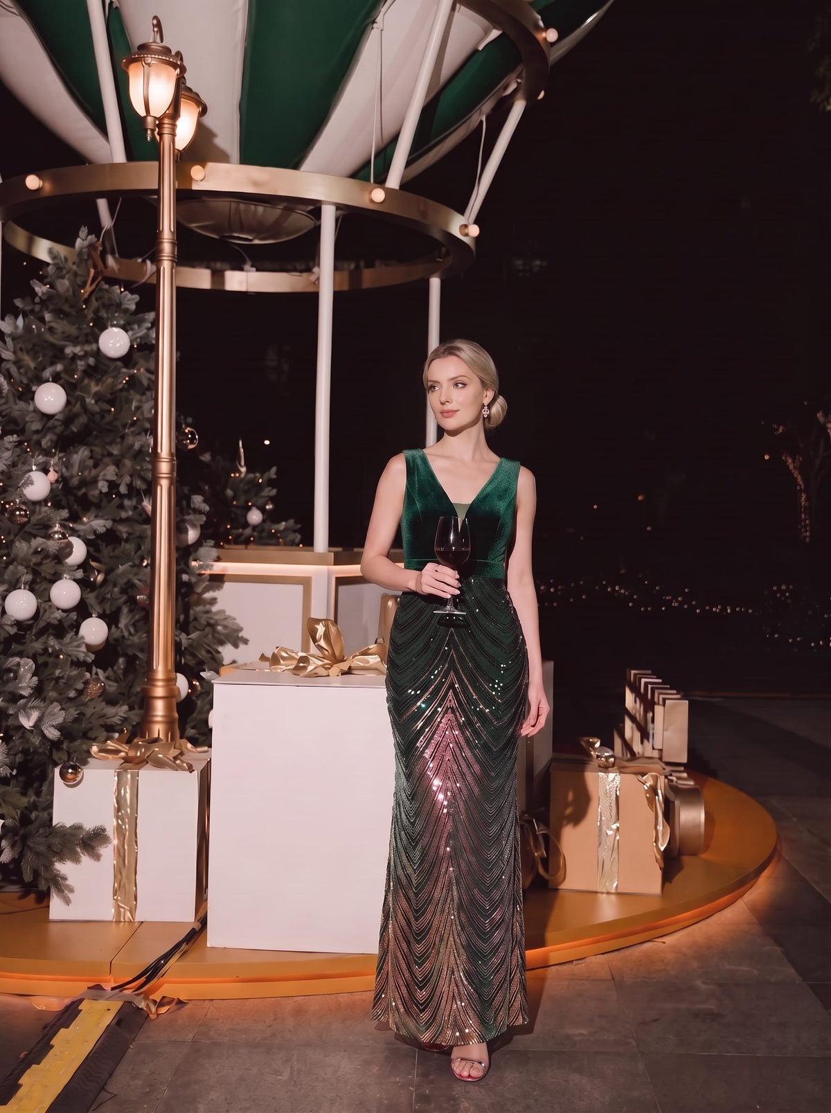 Sequin Sleeveless Mermaid Dress #color_Dark Green