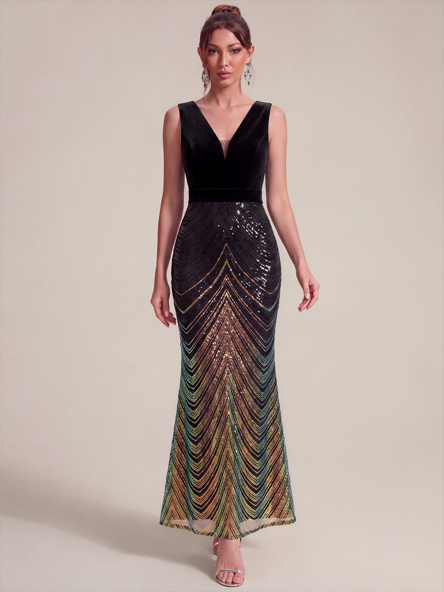 Sequin Sleeveless Mermaid Dress #color_Midnight Black&Gold