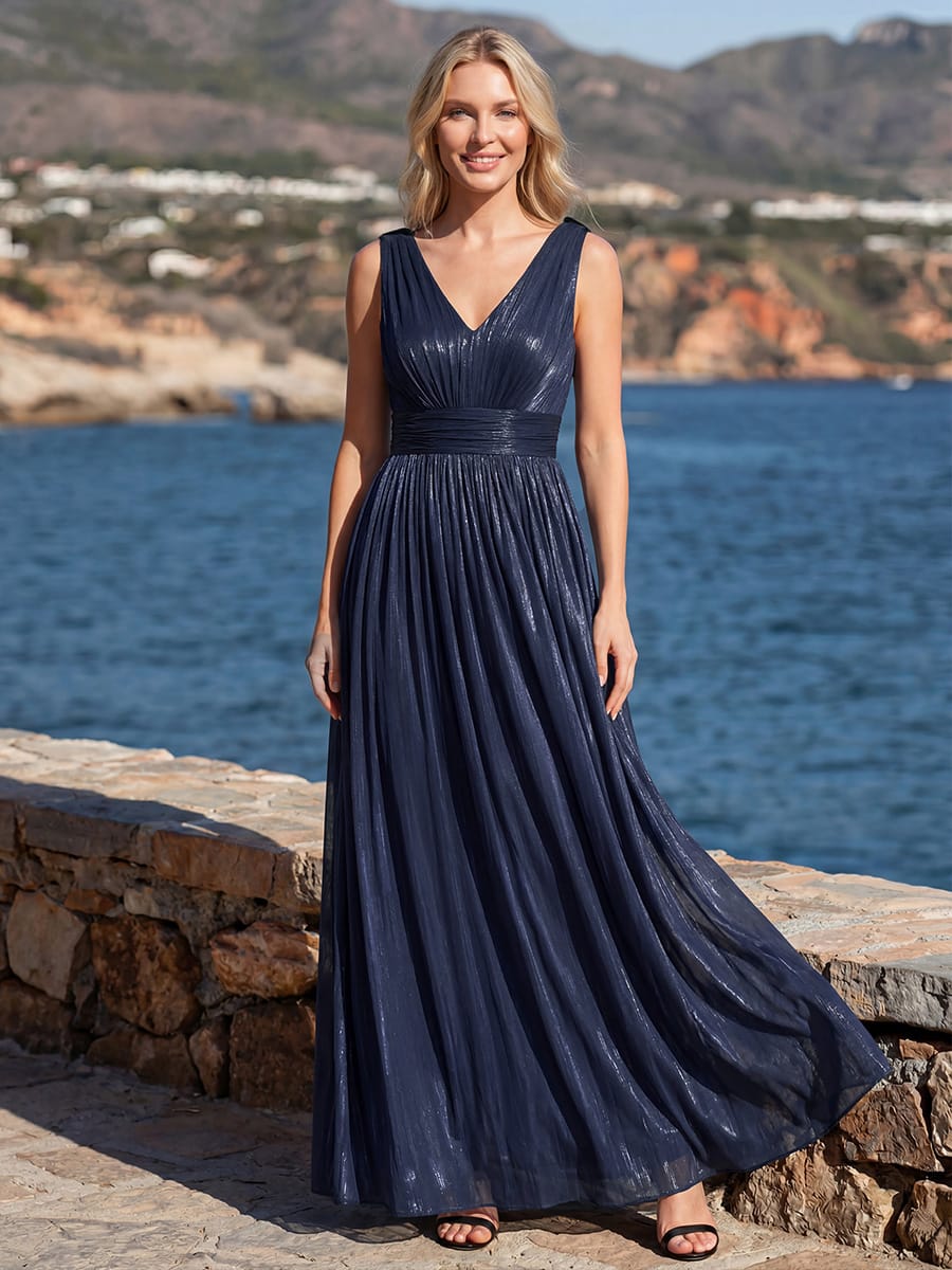 Gathered Sea-island filament fabircs Sleeveless Dress #color_Navy Blue