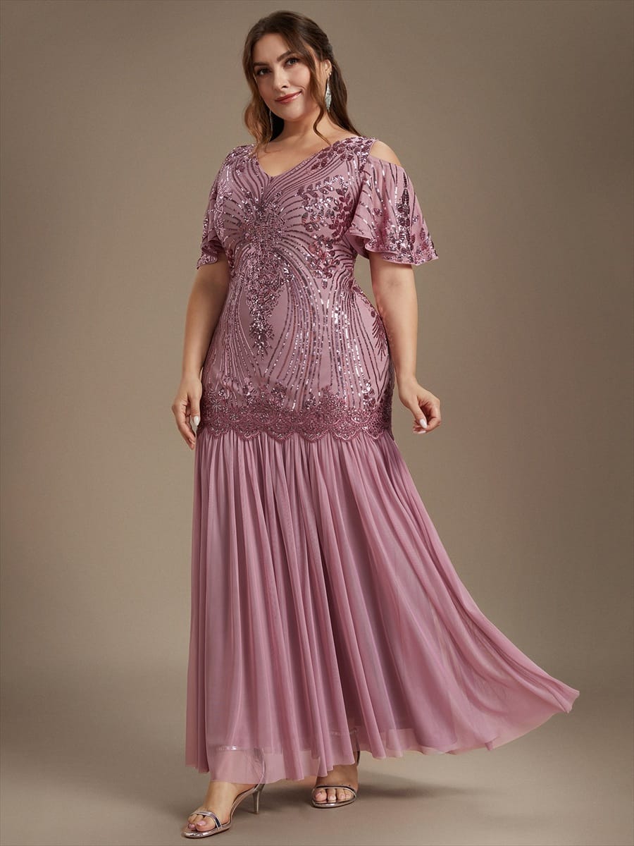 Sequins Maxi Length V-neckline Sheath Ruffle Sleeve Back zipper Evening Dresses #color_Purple Orchid
