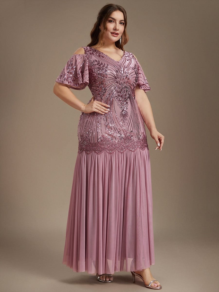 Sequins Maxi Length V-neckline Sheath Ruffle Sleeve Back zipper Evening Dresses #color_Purple Orchid