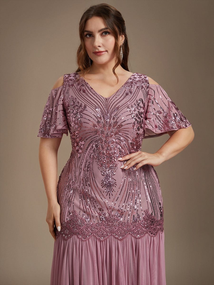 Sequins Maxi Length V-neckline Sheath Ruffle Sleeve Back zipper Evening Dresses #color_Purple Orchid