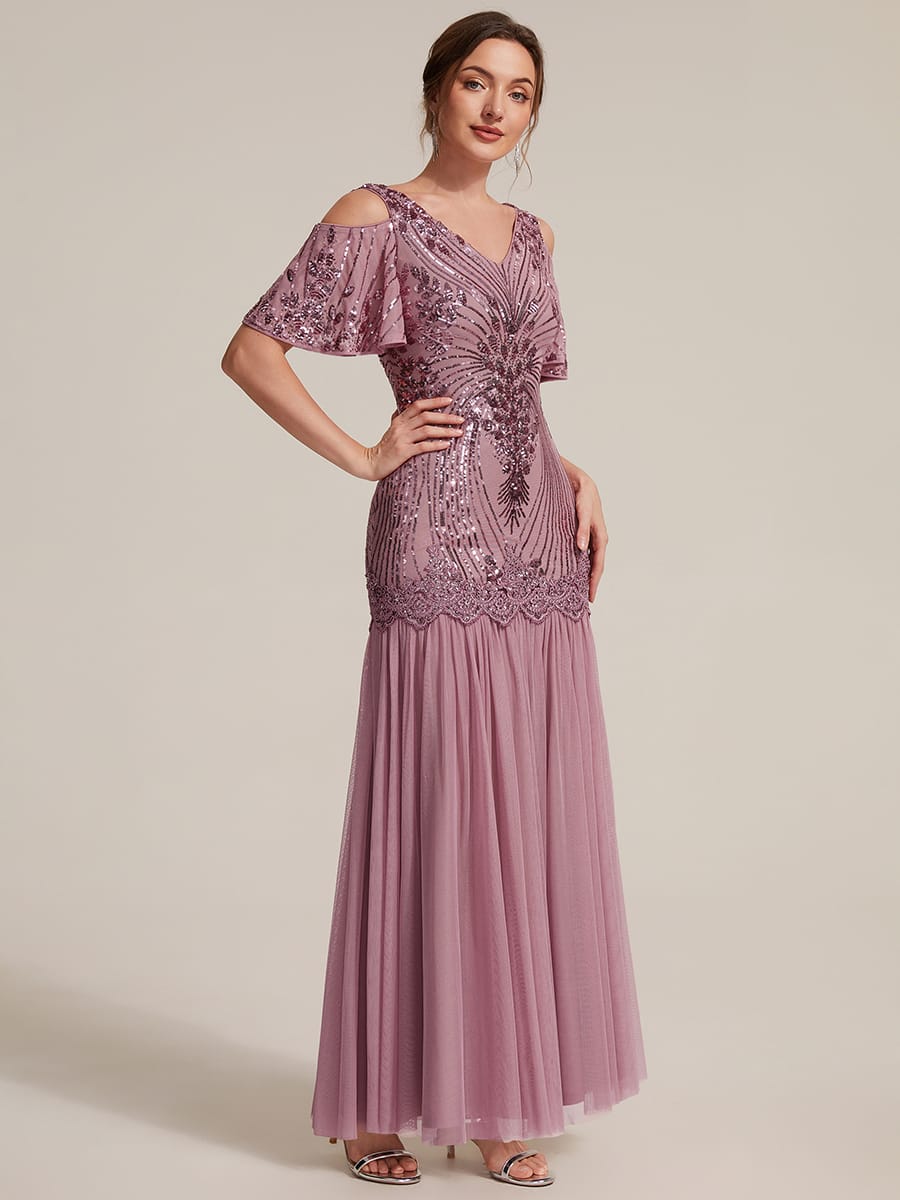 Sequins Maxi Length V-neckline Sheath Ruffle Sleeve Back zipper Evening Dresses #color_Purple Orchid