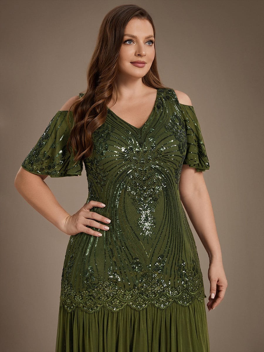 Sequins Maxi Length V-neckline Sheath Ruffle Sleeve Back zipper Evening Dresses #color_Olive Green