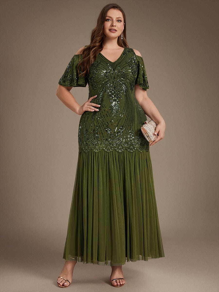 Sequins Maxi Length V-neckline Sheath Ruffle Sleeve Back zipper Evening Dresses #color_Olive Green