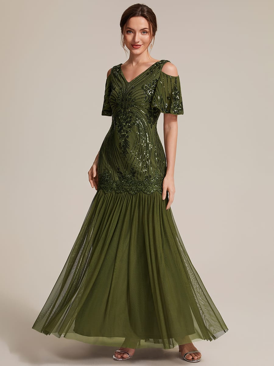 Sequins Maxi Length V-neckline Sheath Ruffle Sleeve Back zipper Evening Dresses #color_Olive Green