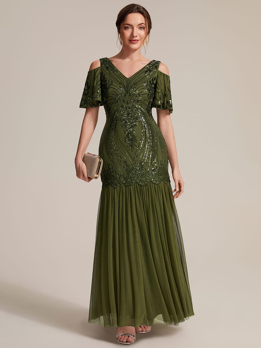 Sequins Maxi Length V-neckline Sheath Ruffle Sleeve Back zipper Evening Dresses #color_Olive Green