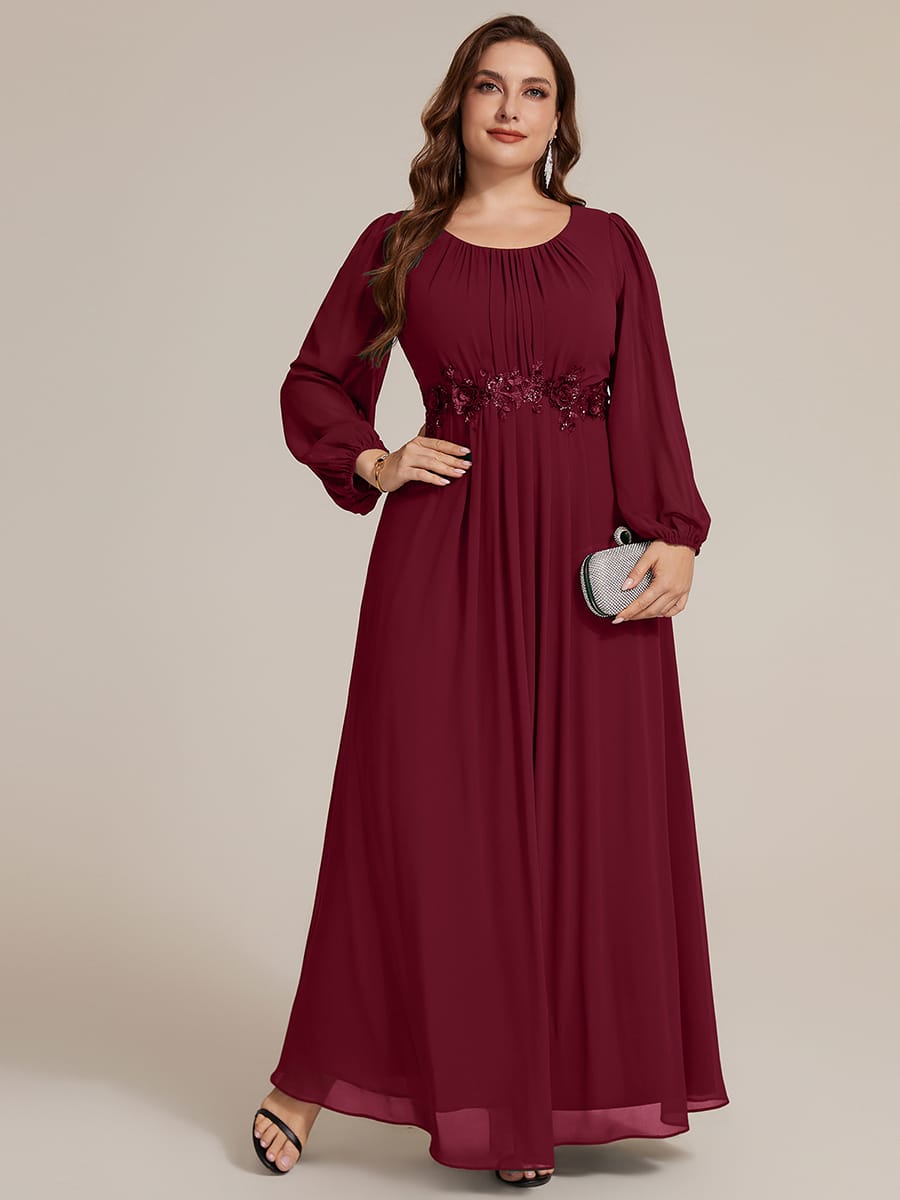 Chiffon Puff Sleeve A-line Dress #color_Burgundy