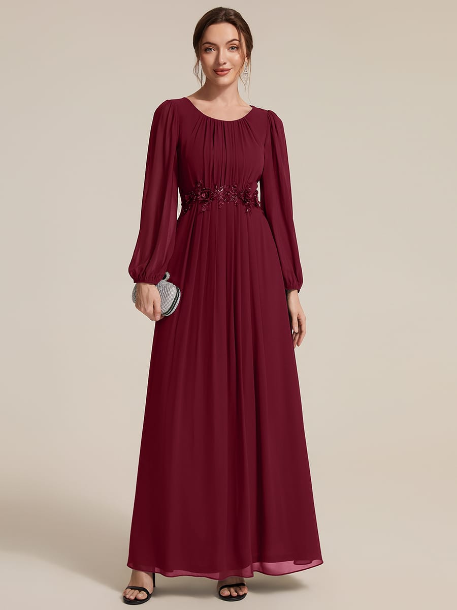 Chiffon Puff Sleeve A-line Dress #color_Burgundy