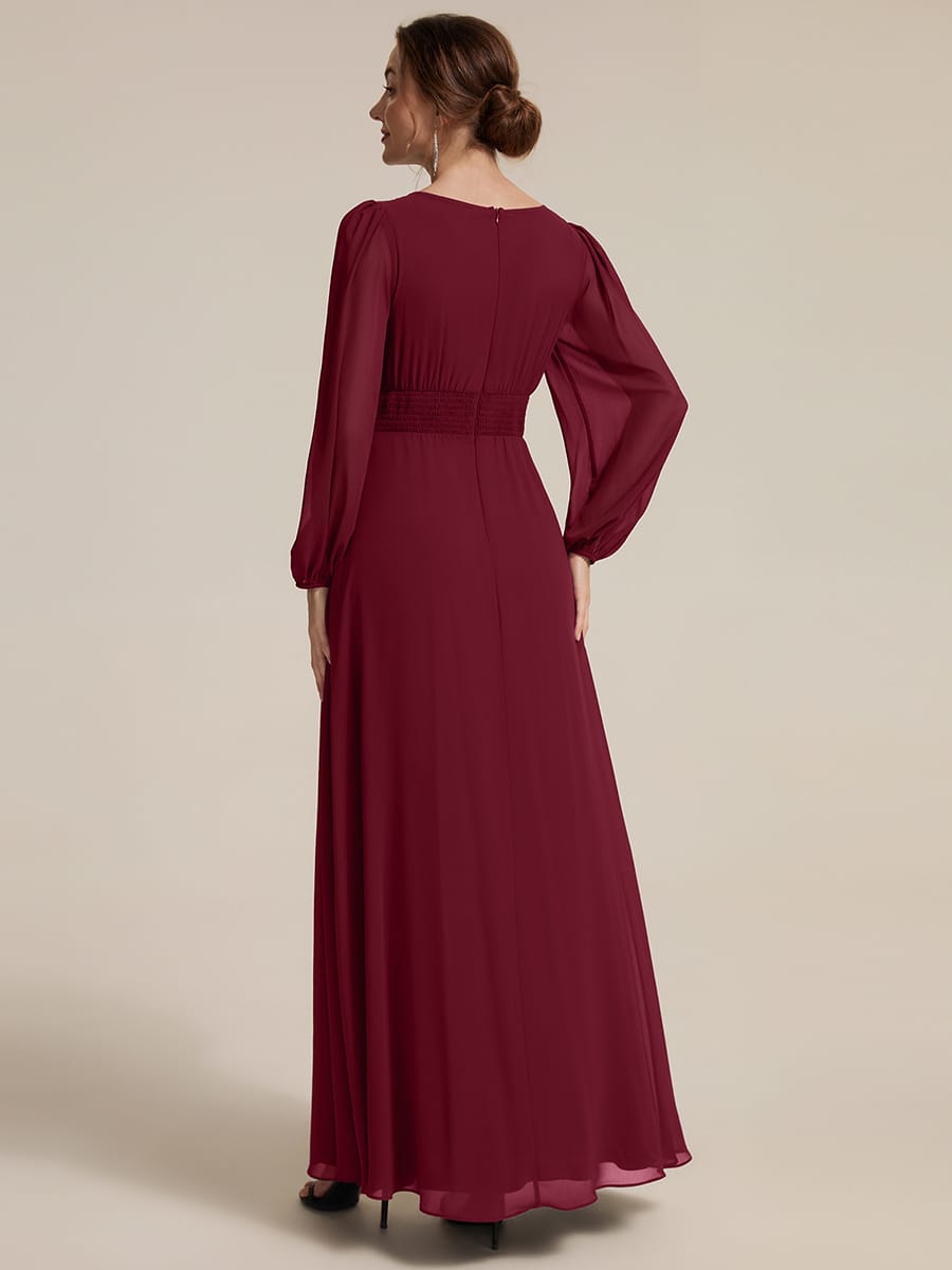 Chiffon Puff Sleeve A-line Dress #color_Burgundy